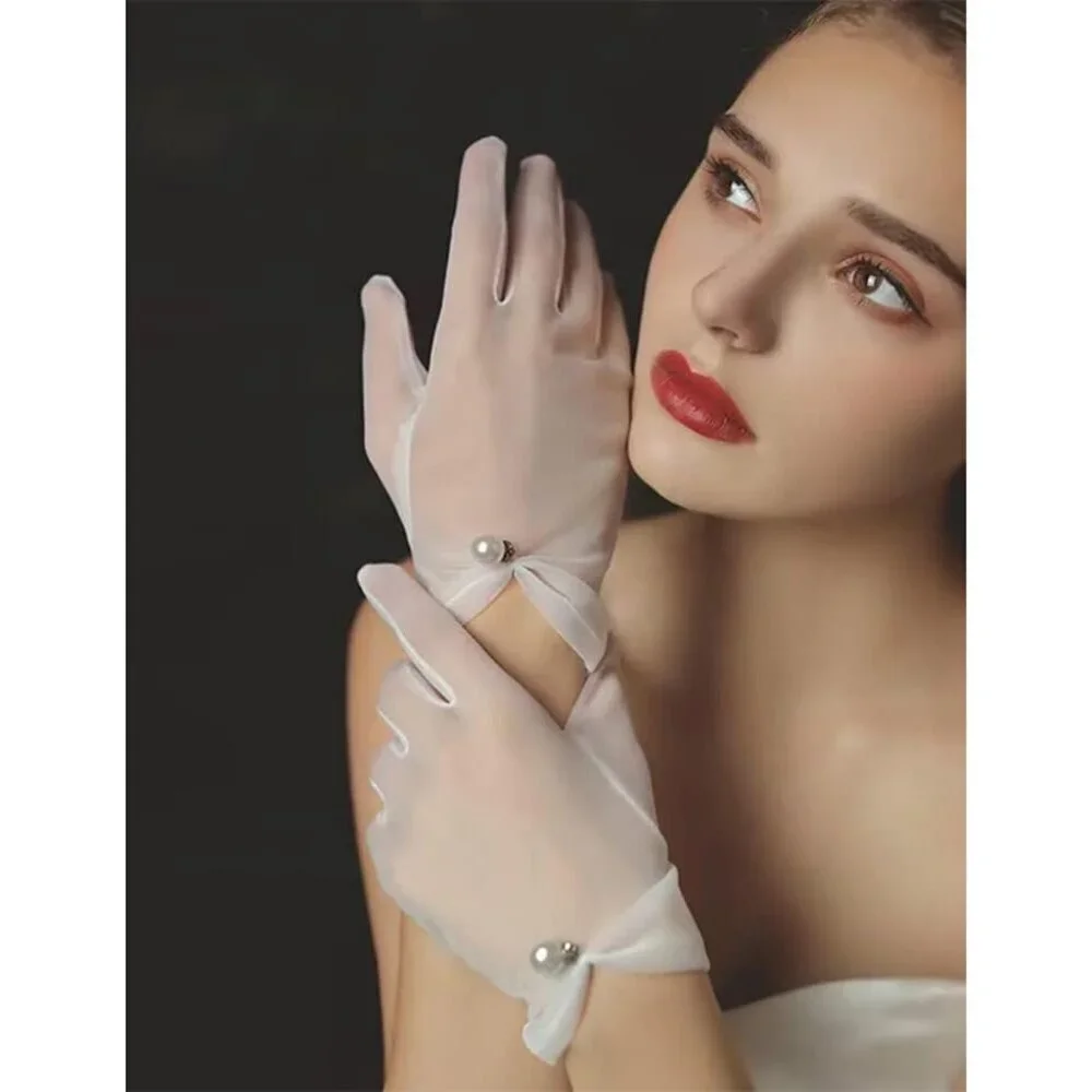 Women's Black Evening Pearl Short Gloves Wedding Dance Party Tea Accessories
